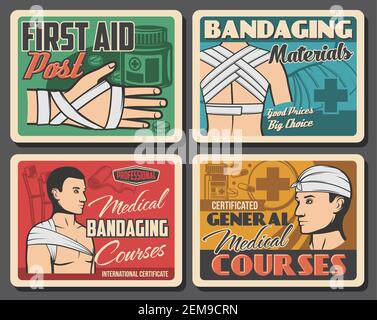 Pronto soccorso e bendaggio per traumi, assistenza medica e clinica di traumatologia reparto di emergenza, poster vintage vettoriali. Corsi medici di primo soccorso, incidente Illustrazione Vettoriale