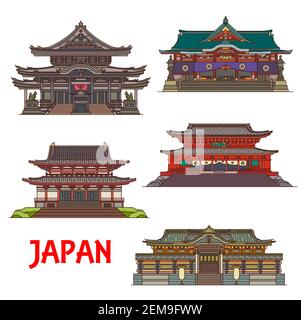Templi e santuari buddisti giapponesi, monumenti architettonici giapponesi e famosi edifici pagoda, icone vettoriali. Tempio Tendai nella città di Nikko, Zojo-ji, T. Illustrazione Vettoriale