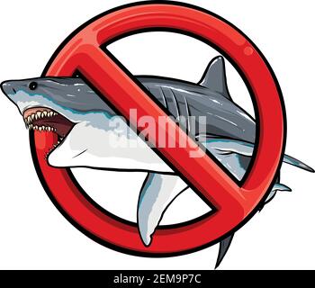 Predatore marino, lo squalo sullo sfondo del segnale di divieto Illustrazione Vettoriale