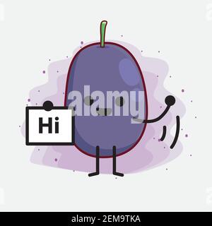 Illustrazione vettoriale del carattere di frutti di prugne di Giava con il viso carino, le mani semplici e l'arte della linea delle gambe su sfondo isolato. Stile doodle a fumetti piatti. Illustrazione Vettoriale