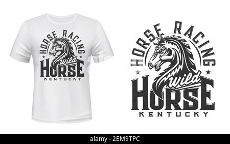 Mockup di stampa di t-shirt di cavallo di stallone, corsa di cavallo e disegno vettoriale di sport equestre. Mostang selvatico o purebred mare capo animale con manie e muszz arrabbiato Illustrazione Vettoriale