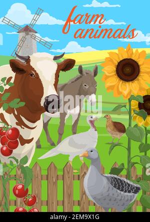 Disegno vettoriale di animali e verdure di fattoria. Cartellone agricolo e agricolo di campo agricolo e cortile con mucca, oca e quaglia, turchia e asino, tomat Illustrazione Vettoriale