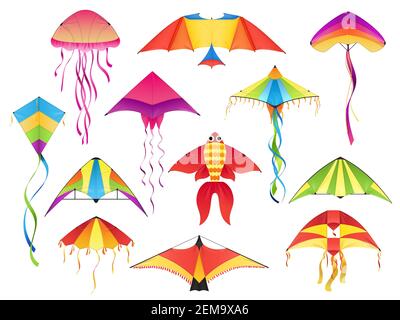 Morsi di carta volanti, icone vettoriali. Kitesurf festival diverse forme di aquiloni di carta, ali di uccelli, pesce e meduse con fili colorati, indiano Maka Illustrazione Vettoriale