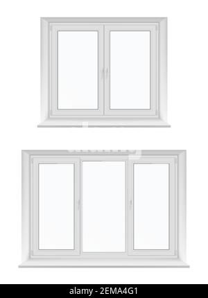 Finestre in plastica bianca isolata, design vettoriale con telai in PVC e vetro. Vista interna di finestre a doppio cassero realistiche con sills, cerniere e serrature Illustrazione Vettoriale