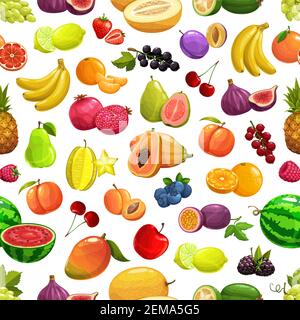 Vettore ananas e pesca, banana e anguria frutti tropicali e bacche motivo senza cuciture sfondo. Arancio e melograno, ciliegia e tropico fi Illustrazione Vettoriale