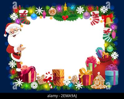 Albero di Natale, Natale e Capodanno regali cornice vettore di vacanze invernali. Santa con regali, fiocchi di neve e campane, borsa rossa, nastri e archi, caramelle, Illustrazione Vettoriale
