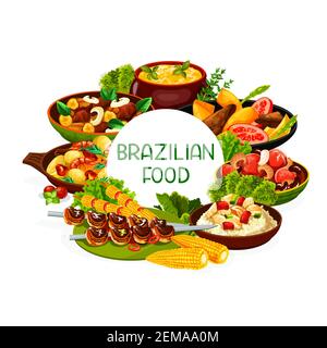 Cucina Brasiliana, piatti brasiliani a base di carne e pesce menu vettoriale. Cucina brasiliana cibo pasti churrasco spiedini di carne, pesce bacalhau, fagiolo feijoada, li Illustrazione Vettoriale