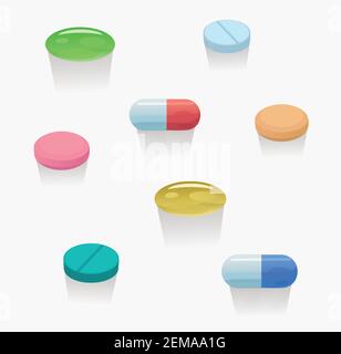 Set di pillole colorate e capsule isolate su sfondo bianco. Illustrazione Vettoriale