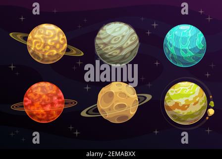 Fantasy spazio pianeti cartoon set di giochi vettoriali galassia. Pianeti dell'universo alieno con orbite, asteroidi e crateri, anelli, stelle, meteore e colorati Illustrazione Vettoriale