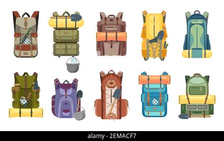 Zaino, zaino e borsa da viaggio con attrezzature turistiche icone di trekking, campeggio, turismo e avventura all'aperto vettore design. Zaini con campo ge Illustrazione Vettoriale