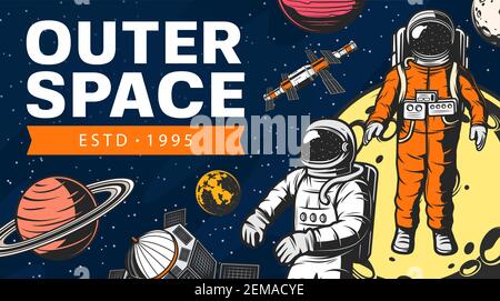 Esplorazione spaziale esterna, astronauti e astronauti in orbita del pianeta. Esploratori di Universo di Luna, Saturno e Giove, stazione orbitale e satelliti w Illustrazione Vettoriale