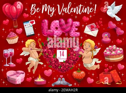 San Valentino, amore vettore palloncini cuore, fiori e angeli cupido. Sia il mio messaggio di citazione di festa di San Valentino, anello e colomba, corona di rose e vino, roma Illustrazione Vettoriale