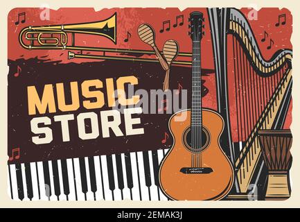 Negozio di strumenti di musica folk, poster vintage vintage vettoriale con chitarra, pianoforte e note musicali stave. Negozio di strumenti di musica classica, jazz e folk, Illustrazione Vettoriale