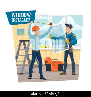 Servizio di installazione Windows UPVC, banner vettoriale. Lavoratori in uniforme misurare un telaio con nastro e installare una finestra in casa o appartamento. Servizio Illustrazione Vettoriale