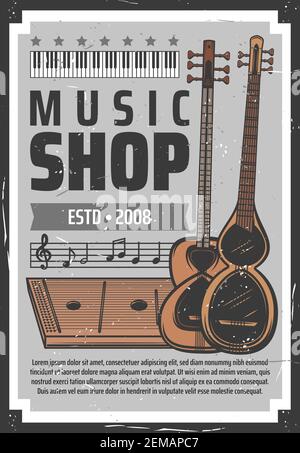 Negozio di strumenti musicali, poster vintage vintage vintage con le note a forma di stave. Pianoforte o sintetizzatore classico, chitarre folcloristiche e attrezzature per musicisti professionisti Illustrazione Vettoriale