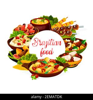 Piatti della cucina brasiliana, piatti del menu brasiliano di carne, pesce e fagioli. Vector cucina brasiliana ristorante churrasco carne, merluzzo bacalhau, feijoada b Illustrazione Vettoriale
