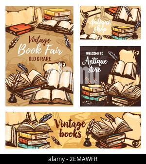 Pennarello, libro vecchio e banner di schizzo dell'inchiostro. Vector paper scrolls, open books e penne vintage quill con piume ornate e pozzetti d'inchiostro, letteratura An Illustrazione Vettoriale