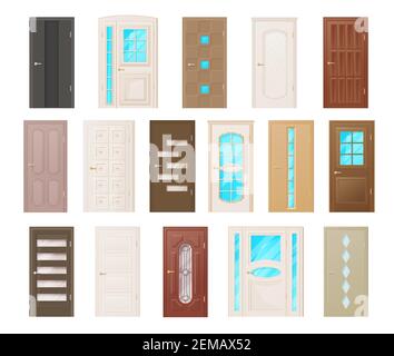 Porte interne, porte e ingressi per ambienti di design vettoriale. Porte chiuse con infissi in legno, maniglie e cerniere in metallo, pannelli in vetro e sid Illustrazione Vettoriale