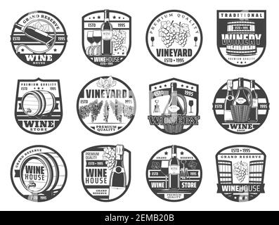 Vini e cantine icone vettoriali ed etichette. Vigna fattoria grande riserva, barile di legno e apripista cavatappi, bottiglia di vino e bicchiere con gra d'annata Illustrazione Vettoriale