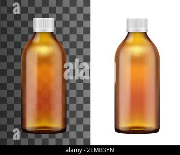 Flacone di vetro marrone di farmaci realistico vettore mockup. Contenitore isolato medico e farmaceutico per pillole, sciroppo o vitamine liquide, 3D vaso WIT Illustrazione Vettoriale