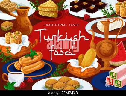 Cucina turca dessert menù, dolci pasticceria, pasticceria tradizionale tacchino e caffè cibo, vettore. Turco delizia lokum, cigara borek e pistacche Illustrazione Vettoriale
