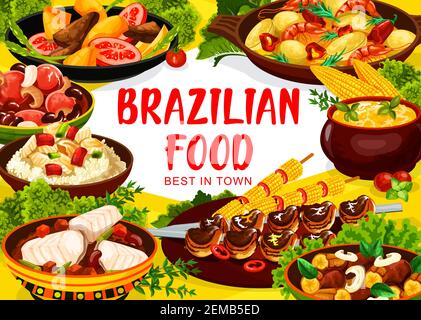 Piatti di cucina brasiliana, menu del ristorante brasiliano piatti tradizionali. Autentico churrasco brasiliano carne, pesce bacalhau, fagioli stufato feijoada Illustrazione Vettoriale