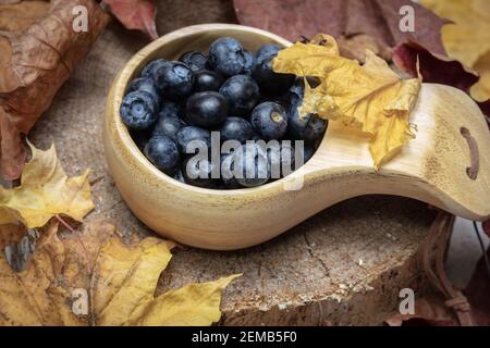 Mirtilli in una tazza di legno, su un ceppo circondato da foglie secche. Foto di alta qualità Foto Stock