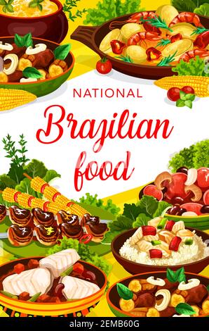 Menu di cucina brasiliana piatti tradizionali, pasti vettoriali. Fagioli brasiliani di feijoada stufato, spiedini di carne di churrasco e bacalhau di pesce, insalata di manzo di mango e. Illustrazione Vettoriale