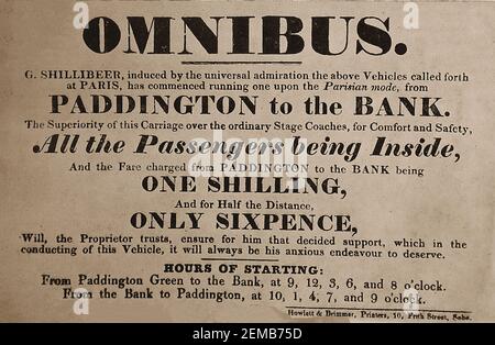 Una bolletta pubblicitaria per il primo autobus londinese di George Shilbeer (omnibus) che va da Paddington alla thd Thames Bank (alcuni dicono la Bank of England). ---- Shilbeer (1797 – 1866) è stato un costruttore di barche inglese che, mentre si trovava a Parigi, ha deciso di copiare il servizio Omnibus nella sua nativa Londra e ha continuato a pioniere di questo tipo di trasporto pubblico in Gran Bretagna. Foto Stock