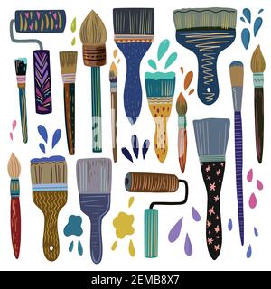 Set di pennelli e rulli colorati e graziosi isolati su sfondo bianco. Illustrazione Vettoriale