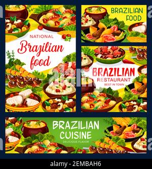 Menu di cucina brasiliana, ristorante brasiliano carne vettoriale, piatti di pesce pasto. Carne di churrasco tradizionale brasiliana, pesce bacalhau, stufato di fagioli feijoada, Illustrazione Vettoriale