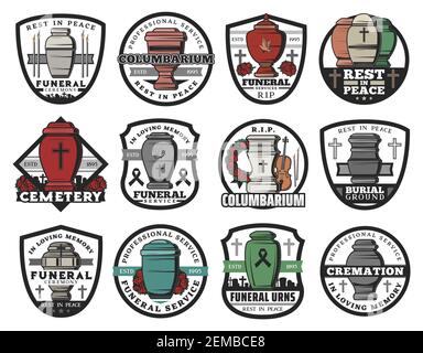 Cremazione urna isolato i distintivi vettoriali del servizio funerale. Vasi di colombarium, vasi e vasi per ceneri con croci di pietra tombale, corone commemorative Illustrazione Vettoriale