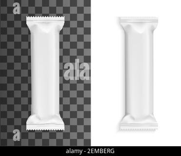 Confezione da bar, modello mockup vettoriale per wrapper caramelle al cioccolato. Confezione di spuntini bianchi bianchi, confezione di confezioni da bar, sacchetto in lamina di plastica, biscotto, zucchero o caffè Illustrazione Vettoriale