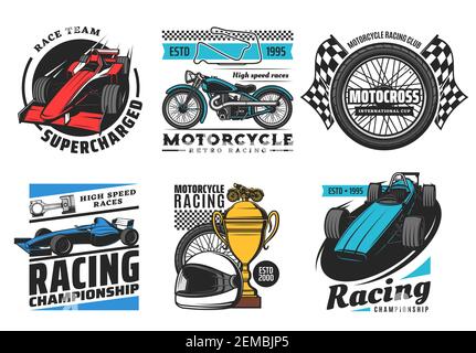 Icone di corse e sport motoristici, gare motociclistiche e di rally, emblemi vettoriali di speedway e motocross. Moto gare squadra di club, coppa di torneo, ruota Illustrazione Vettoriale