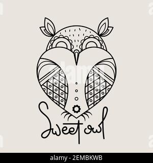 Logo con contorno di gufo dolce. Design con emblema isolato Doodel. Simbolo dell'educazione dei bambini. Illustrazione vettoriale Illustrazione Vettoriale
