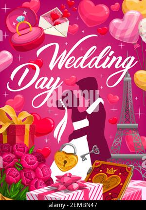 Sposo e sposa silhouette, matrimonio e cerimonia di matrimonio invito vettore. Coppia amorevole con bouquet di fiori nuziali, anelli di nozze e regali, Illustrazione Vettoriale