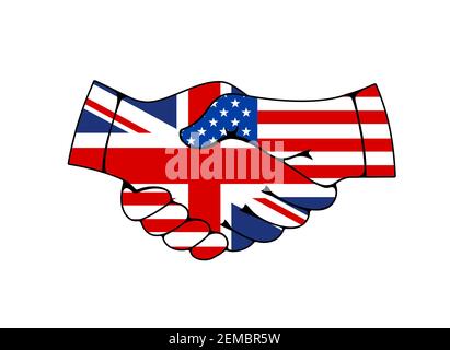 USA e Gran Bretagna bandiere scuotere la mano, icona vettore. ACCORDO e amicizia TRA STATI UNITI e Regno Unito, trattato internazionale americano e britannico sull'economia, educazione Illustrazione Vettoriale