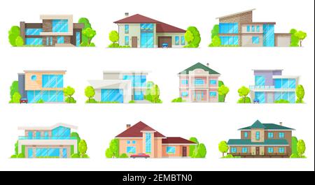 Case private e hones, reali facciate di proprietà icone vettoriali piatto. Ville residenziali e palazzi, case familiari, cottage, proprietà di una casa cittadina Illustrazione Vettoriale