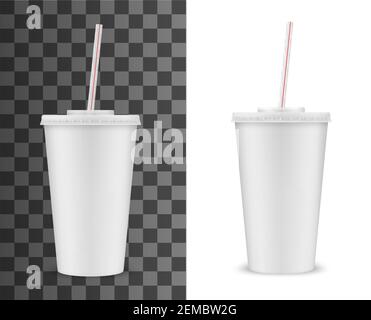 Tazza in plastica monouso con coperchio e mockup vettoriale 3D realistico isolato dalla paglia. Tazzina bianca bianca da asporto per bevande fredde o calde, bevande analcoliche e caffè Illustrazione Vettoriale