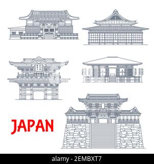 Templi giapponesi, edifici pagoda giapponesi, monumenti architettonici e santuari buddisti vettoriali. Giappone Kamakura Tokeiji, Takedera e Sugimotodera tempio Illustrazione Vettoriale