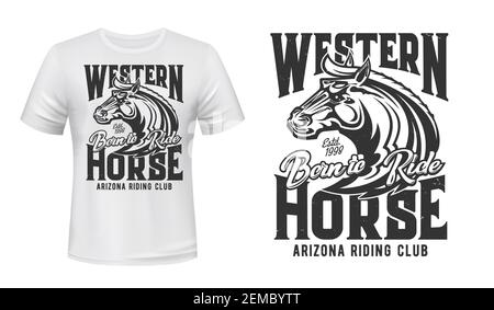 Stampa di t-shirt a cavallo, club sportivo di equitazione, gare di polo equestre, mockup vettoriale. Stallone cavallo selvaggio o testa mustang con Born to Ride motto qu Illustrazione Vettoriale