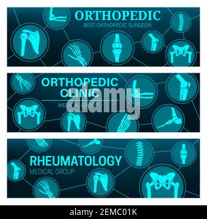 Striscioni vettoriali per ambulatori di reumatologia e ortopedici con anatomia delle articolazioni e delle ossa. MRI e TAC di diagnosi di dolore di artrite con gamba, mano Illustrazione Vettoriale