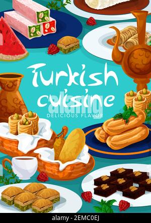 Cucina turca menu di cibi dolci e dolci, vettore, pasticceria baklava, delizia lokum, vettore pasticceria. Tacchino caffè pasticceria dessert, turco t Illustrazione Vettoriale