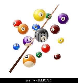 Palline da biliardo e cue 3d vettore realistico. Palline da biliardo di vari colori con cifre che volano in aria, stecca di legno isolata su sfondo bianco. Snooker o Illustrazione Vettoriale