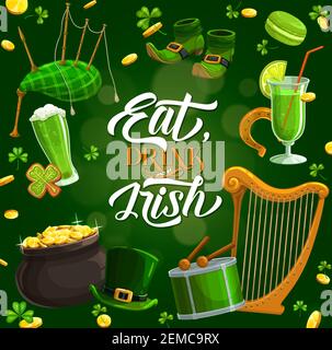 Patricks giorno, mangiare, bere lettere irlandesi e simboli di vacanza sul verde. Cornamusa vettoriale, arpa e tamburo con bastoncini, cocktail e birra, pentola d'oro. Illustrazione Vettoriale