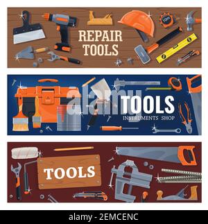 Attrezzi per lavori di costruzione, riparazione e fai da te. Strumenti elettrici e manuali vettoriali per la ristrutturazione domestica, strumenti di misura e attrezzature per la pittura murale. Illustrazione Vettoriale