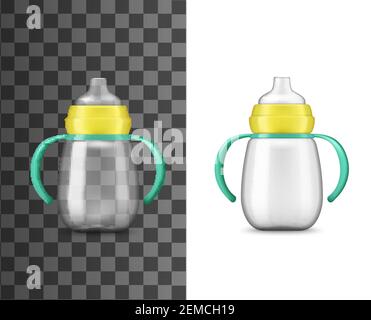 Allattamento al latte con biberon, mockup realistico, Vector 3D. Cura dei neonati e dei bambini, biberon per l'allattamento al latte con liquido nutrizionale per bambini, succhietto, giallo c Illustrazione Vettoriale