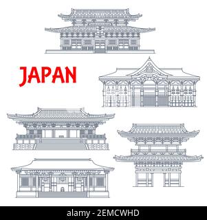 Edifici giapponesi, templi giapponesi, case e torri pagoda, buddismo architettura religiosa punti di riferimento di Kyoto. Kurama-dera, to-ji, Jingo-ji e Shor Illustrazione Vettoriale