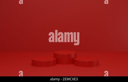 Piattaforma rossa vuota per mostrare il prodotto. Podio in studio rosso. rendering 3d Foto Stock