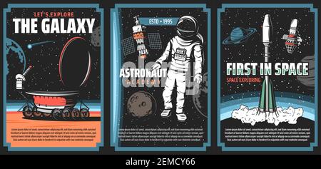 Explore spazio esterno, poster vettoriali retrò esplorazione galassia, cosmo avventura vintage carte con astronauta nello spazio, rover Walk sulla superficie Mars Illustrazione Vettoriale